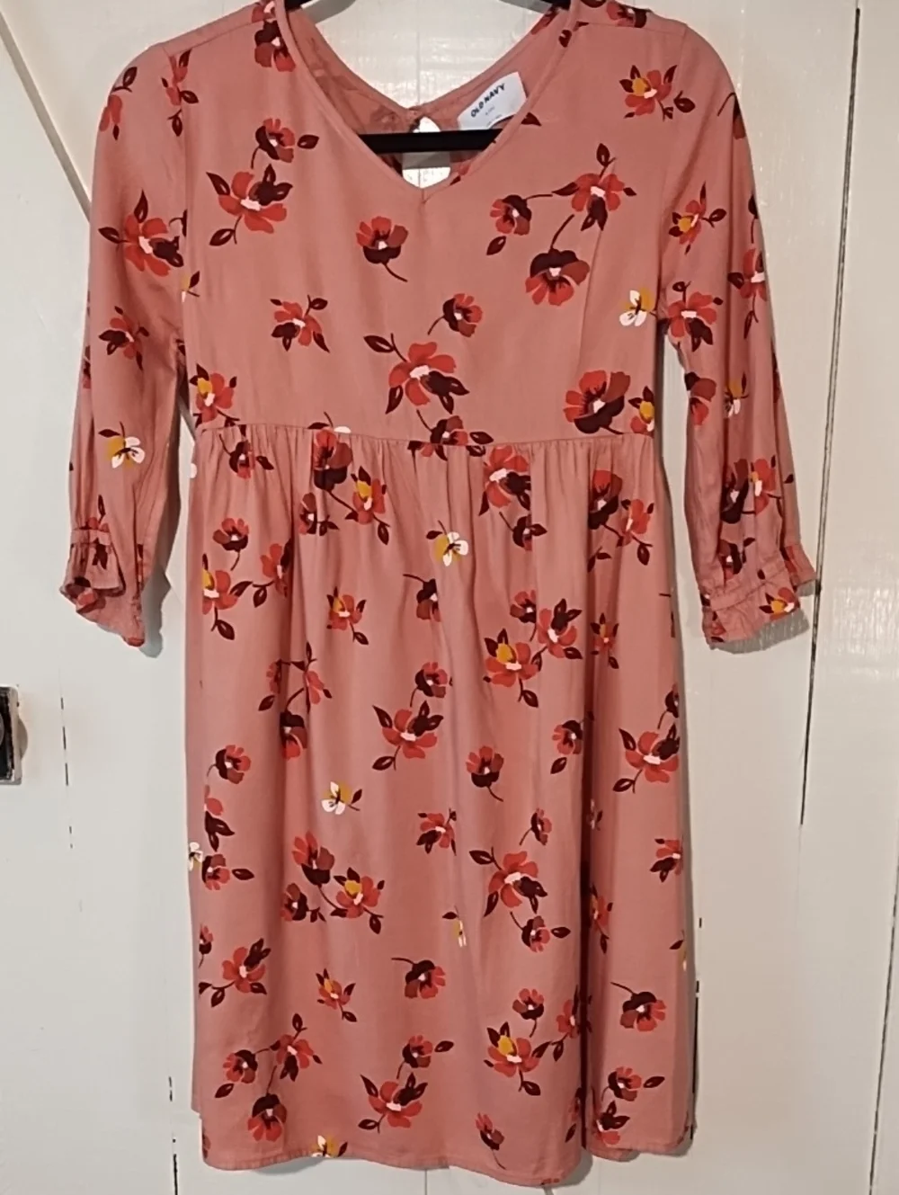 EUC Old Navy Rose Pink Floral V-Neck Midi Dress Girls XL.